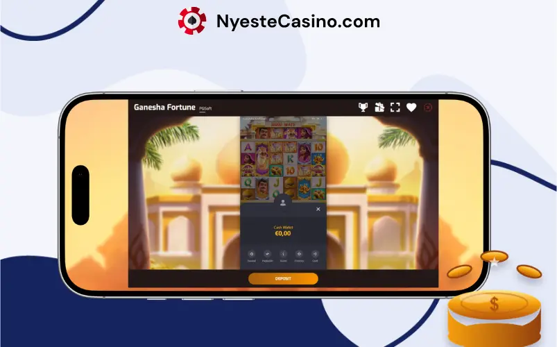 Ganesha Fortune på mobil med kontantlommebok og innskuddsvalg.