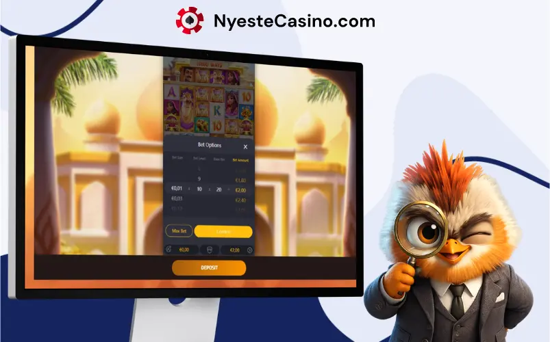 Innsatsmeny i Ganesha Fortune vist på skjerm ved siden av maskot.