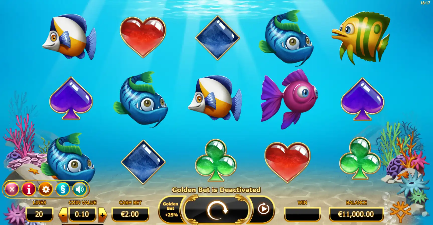 En livlig spilleautomat med fisk og diverse symboler, designet for underholdning og spillspenning