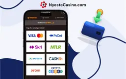 Smarttelefonskjerm som viser casino-utbetalinger ved siden av et ikon for innskudd med blått kort.