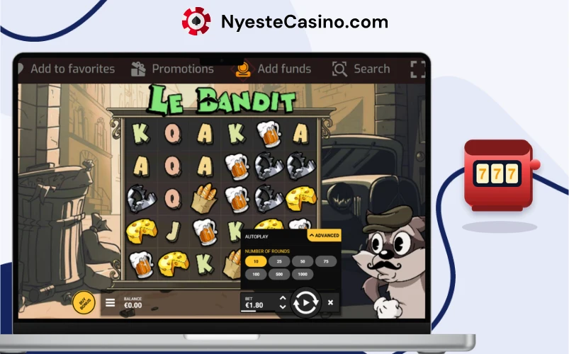Le Bandit spilleautomat med bandittfigur og symboler på hjulene.