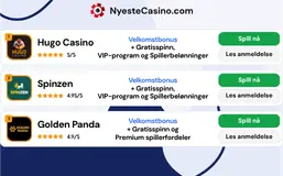 Tre casinokort med velkomstbonus, gratisspinn og grønne spillknapper