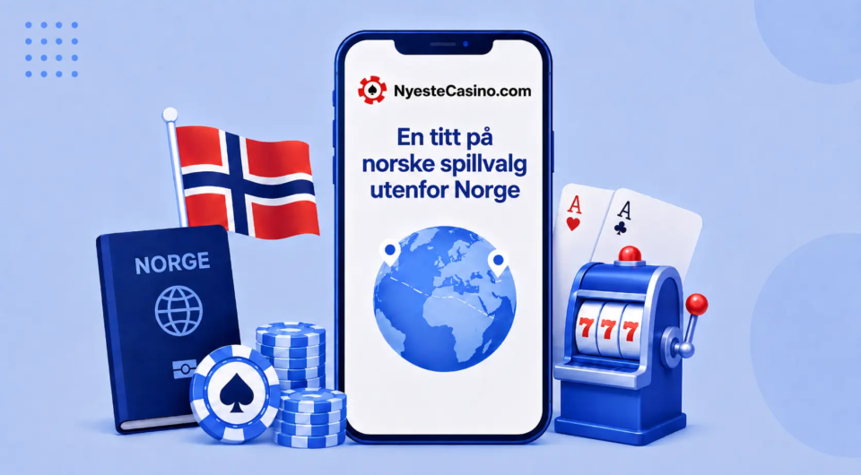Norske casinovalg i utlandet med norsk flagg og spilleautomat