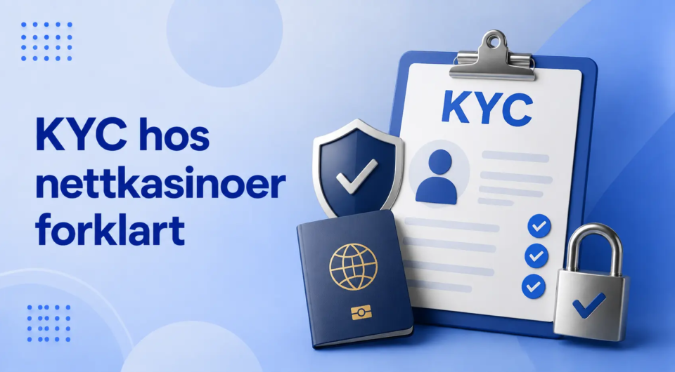 KYC-verifisering hos nettcasino med pass, ID-skjema, skjold og hengelås