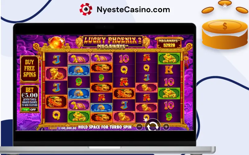 Lucky Phoenix 2 Megaways spilleautomat vist på laptop.