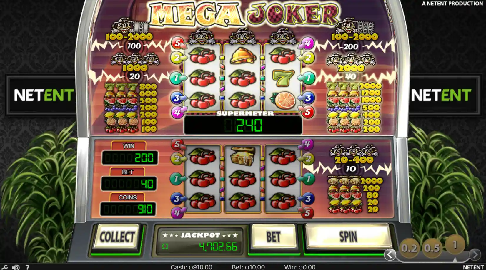 En mega jackpot-spilleautomat med blinkende lys og forskjellige symboler, som viser frem en fristende jackpottotal for spillere.