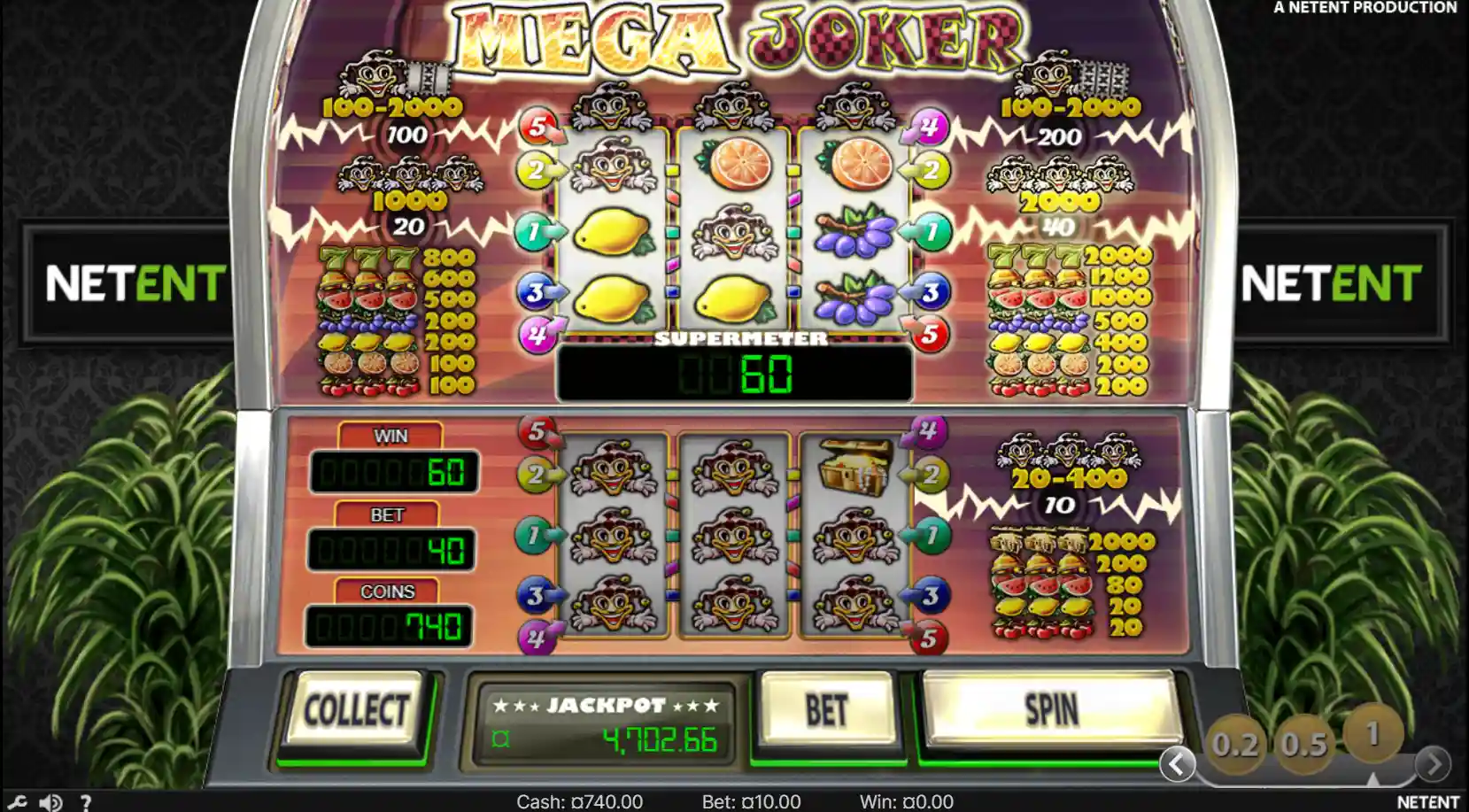 En livlig mega jackpot-spilleautomat, opplyst med blinkende lys og bilder, som antyder en spennende spillopplevelse
