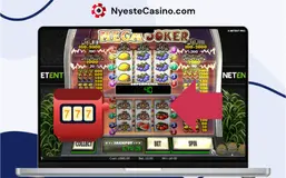 Spilleautomaten Mega Joker på en bærbar PC-skjerm med en stor rød pil som peker mot hjulene.