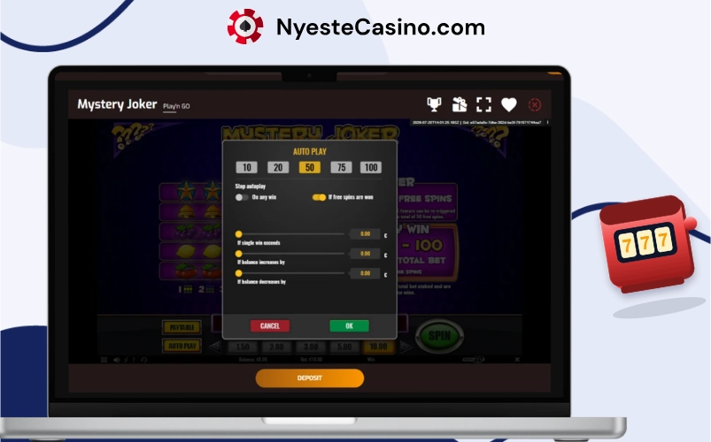 Mystery Joker Autoplay-innstillinger på laptop med stoppkriterier.