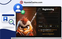 Bærbar PC som viser et registreringsskjema for et nettcasino med en animert fugl.