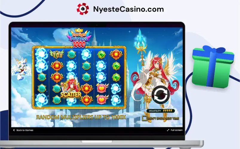 Starlight Princess 1000 spilleautomat med multiplikatorer og symboler på laptop.