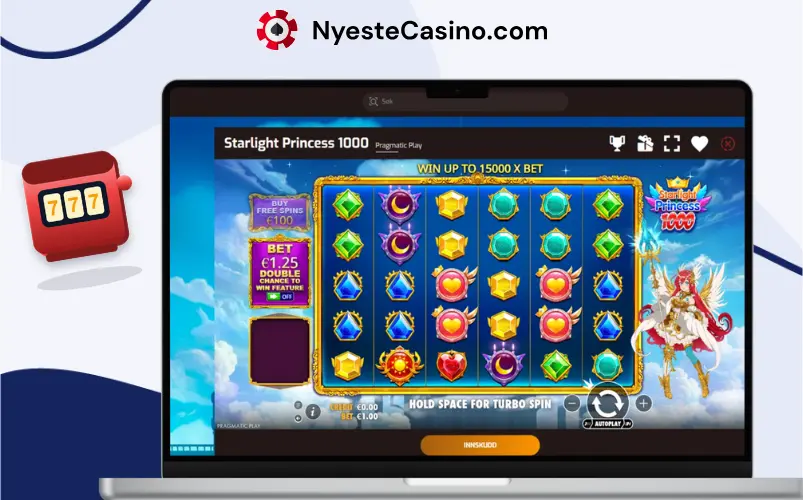 Starlight Princess 1000 hjul med bonus- og innsatsvalg på laptopskjerm.