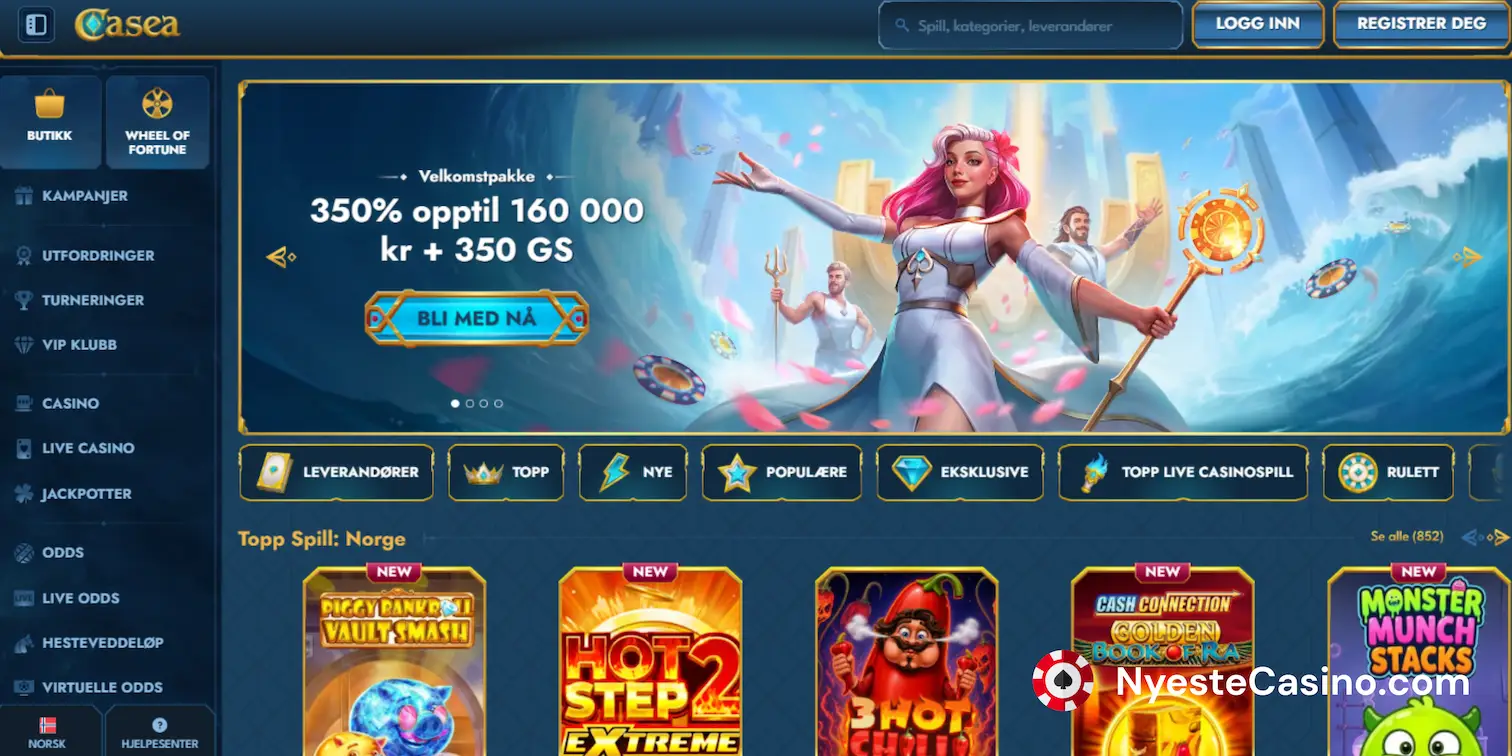 Kasinoportal med stort fantasybanner og oversikt over populære spill.