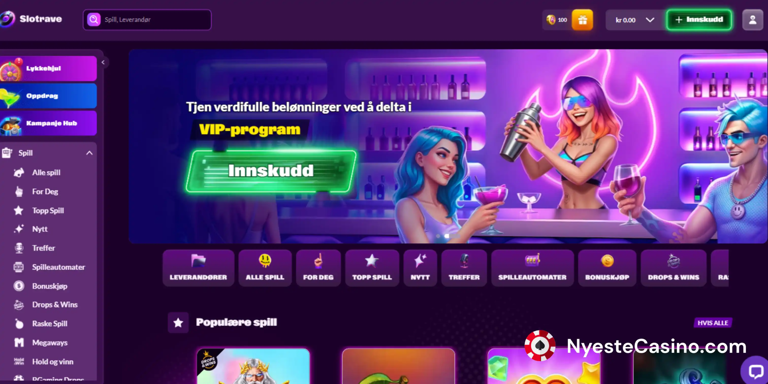 Slotrave Casino hjemmeside med lilla bakgrunn.