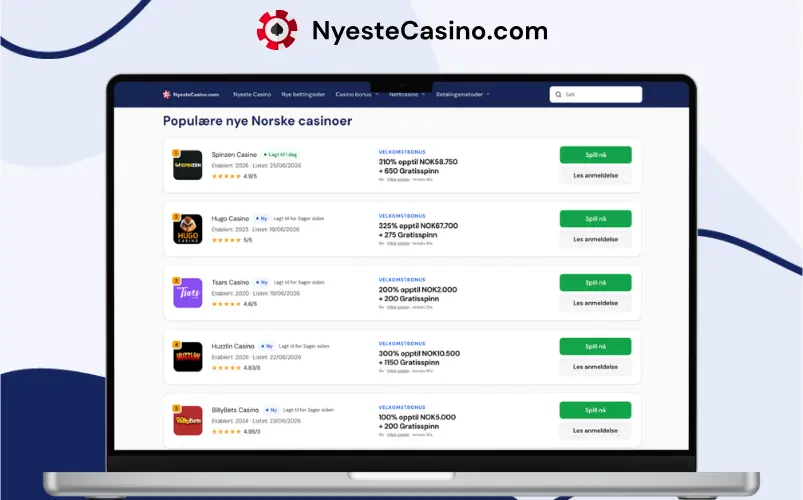 Liste over populære nye norske casinoer på NyesteCasino.com.
