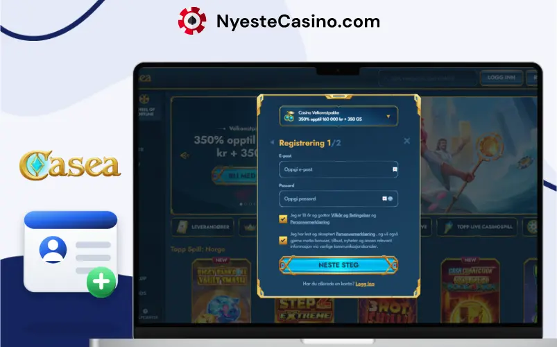 Registreringsskjema for nettkasino vist på en bærbar datamaskin.