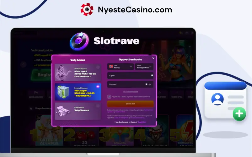 Registreringsskjerm for Slotrave Casino på en bærbar PC.