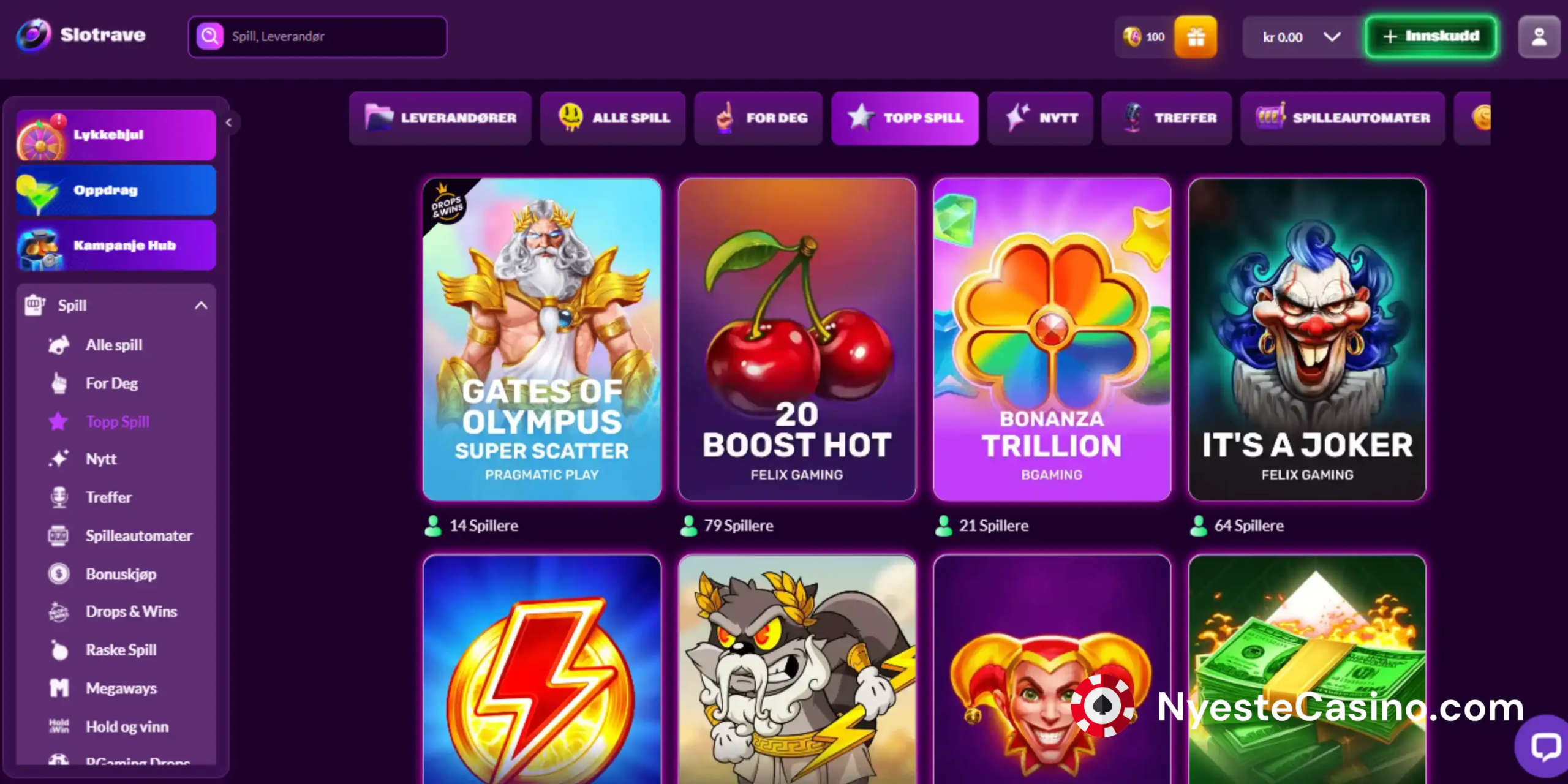 Populære spilleautomater på Slotrave Casino.