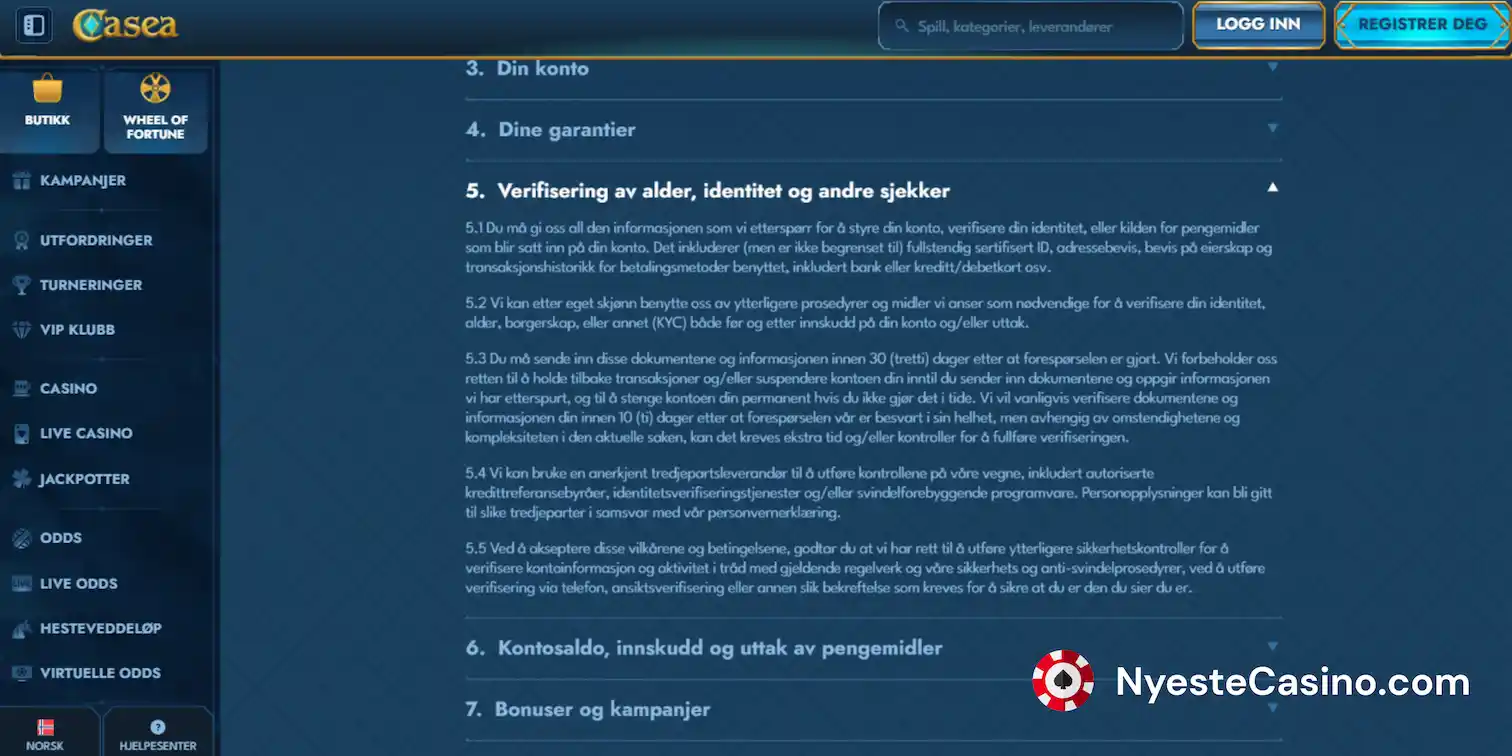 Kasinoside med kontovilkår og seksjon for alders- og identitetskontroll.