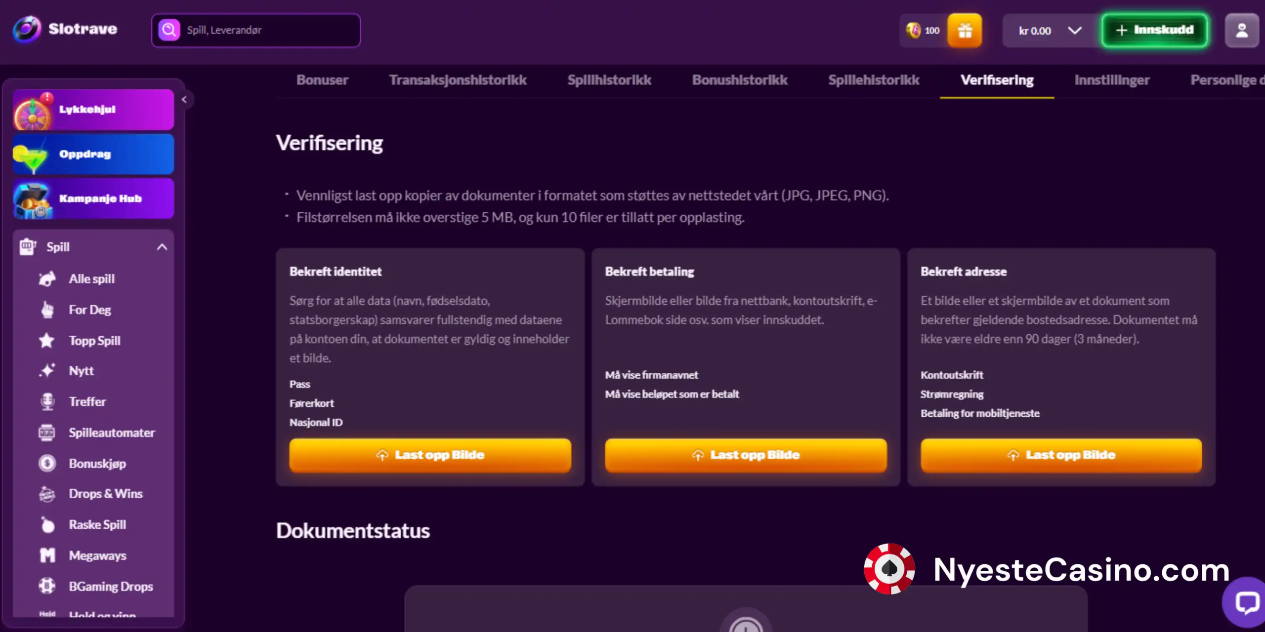 Verifiseringsdokumenter for Slotrave Casino.