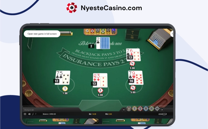 Blackjack splitt-funksjon i live casino spill.