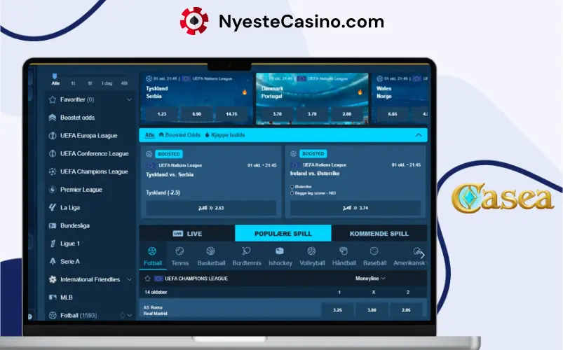 Dataskjerm med sportsmarked, kamper, odds og ulike idretter