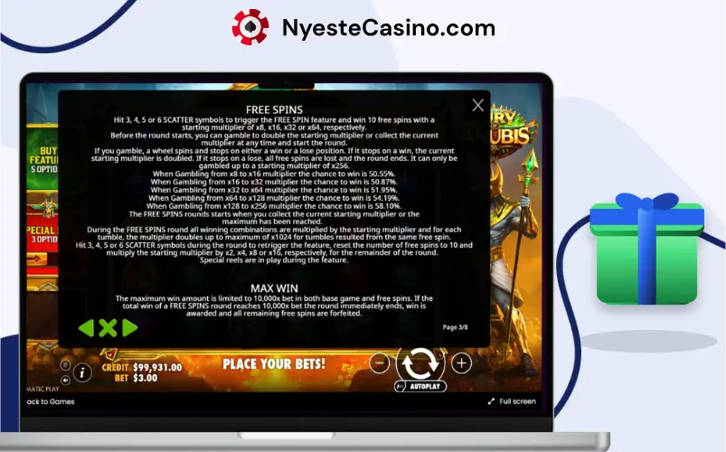 Fury of Anubis gratisspinnregler på en bærbar PC.