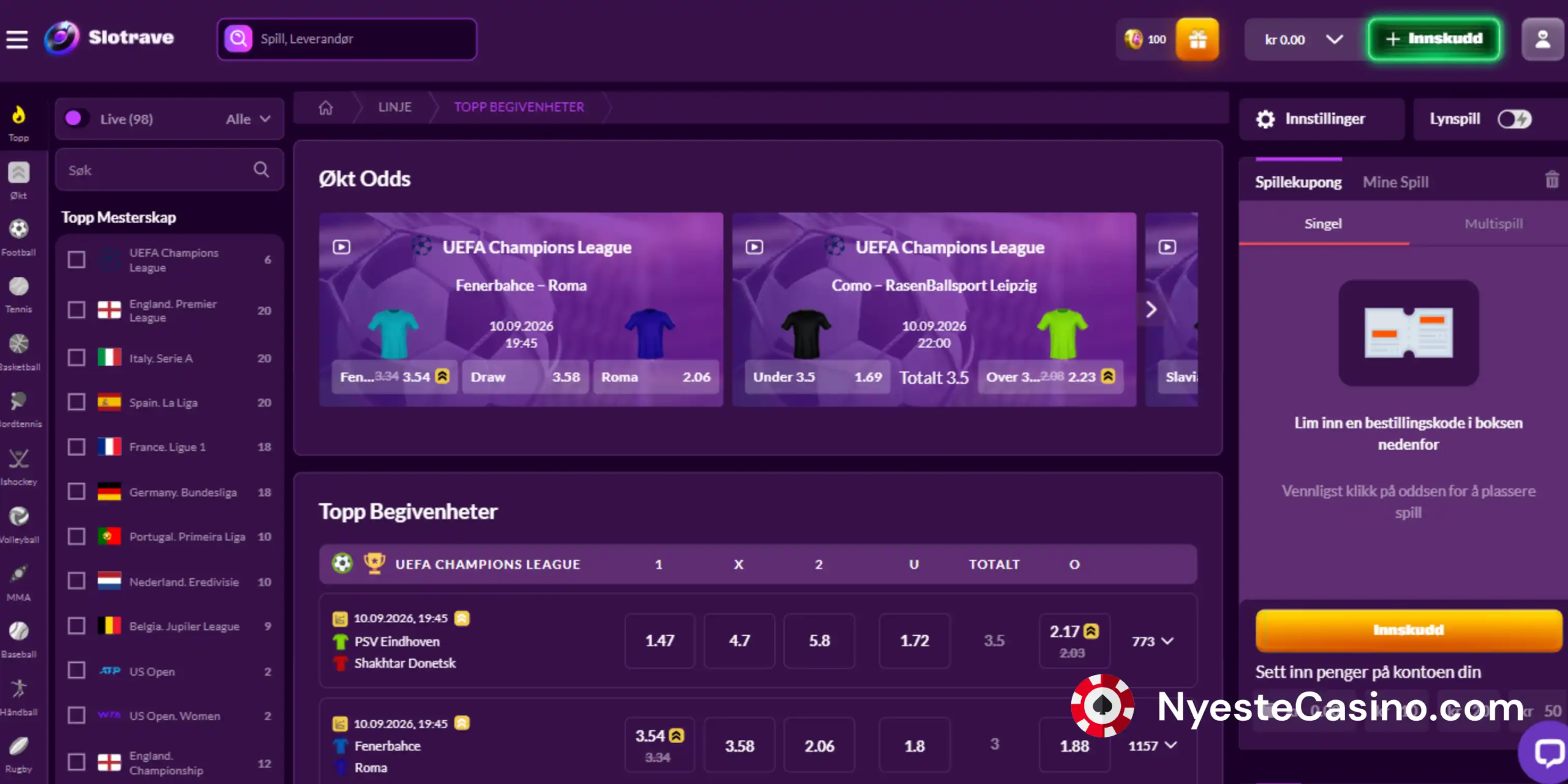 Sportstippingsside for Slotrave Casino.
