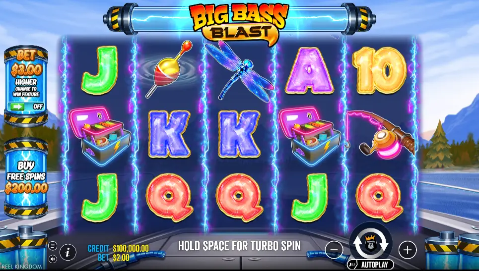 Fargerik Big Bass Blast spilleautomatskjerm med fem glødende hjul, fisketema-symboler og fjellsjø i bakgrunnen