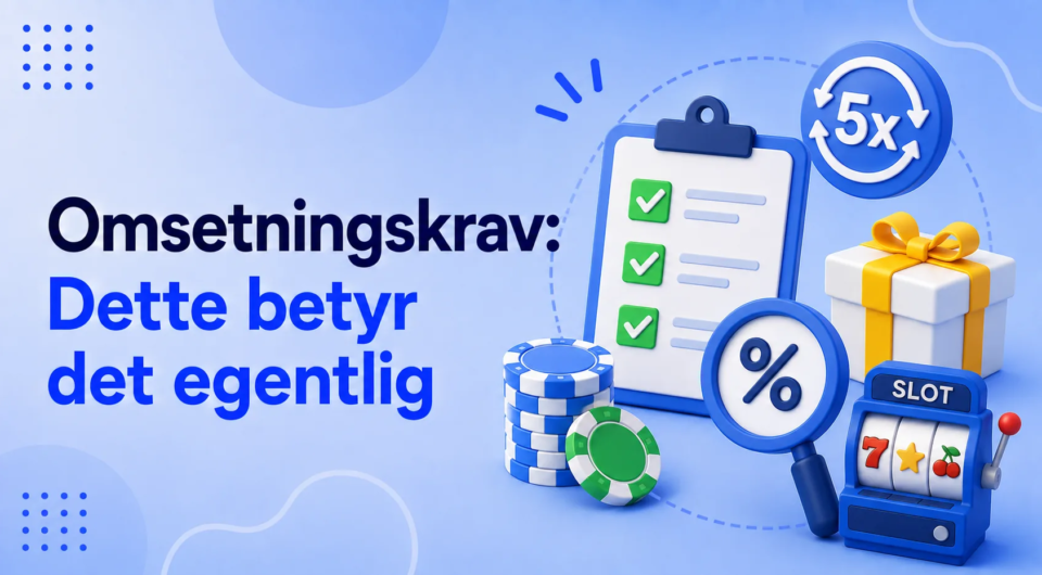 Bonusomsetning med kasinoartikler på et blått banner.