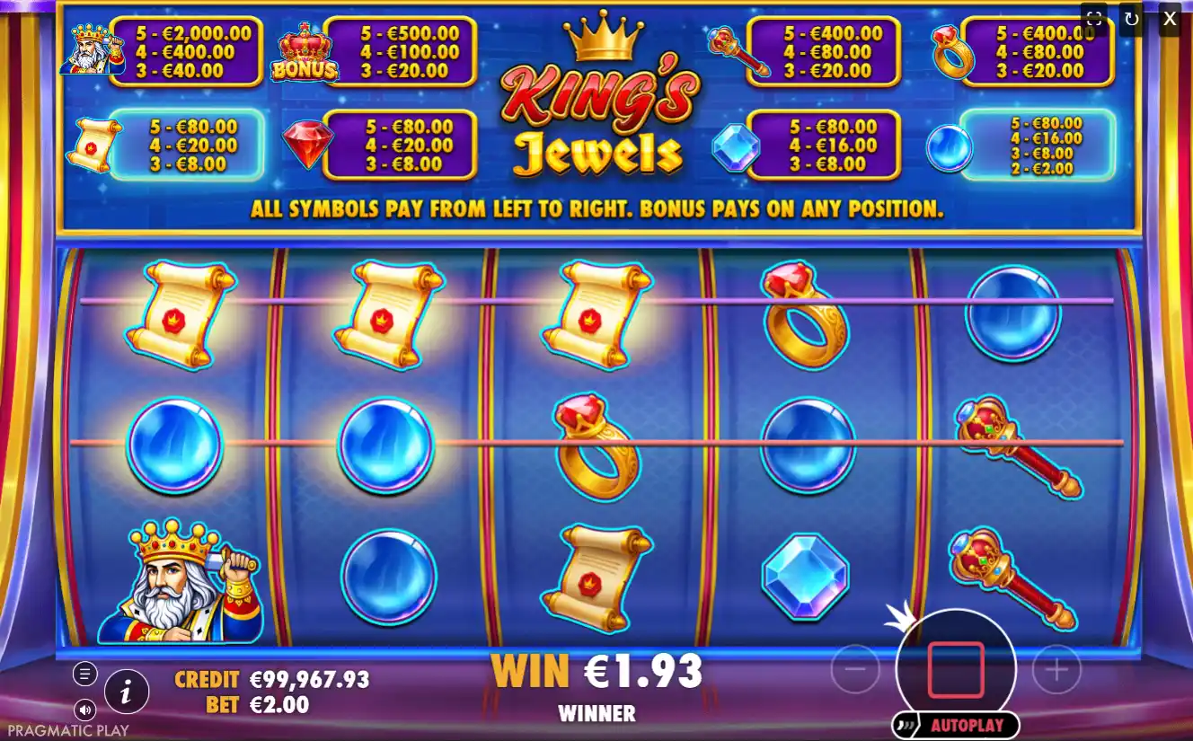 Fargefull spilleautomat King's Jewels som viser skriftruller og septere; gevinst på 1,93 € vist i en lysende kasinoscene.
