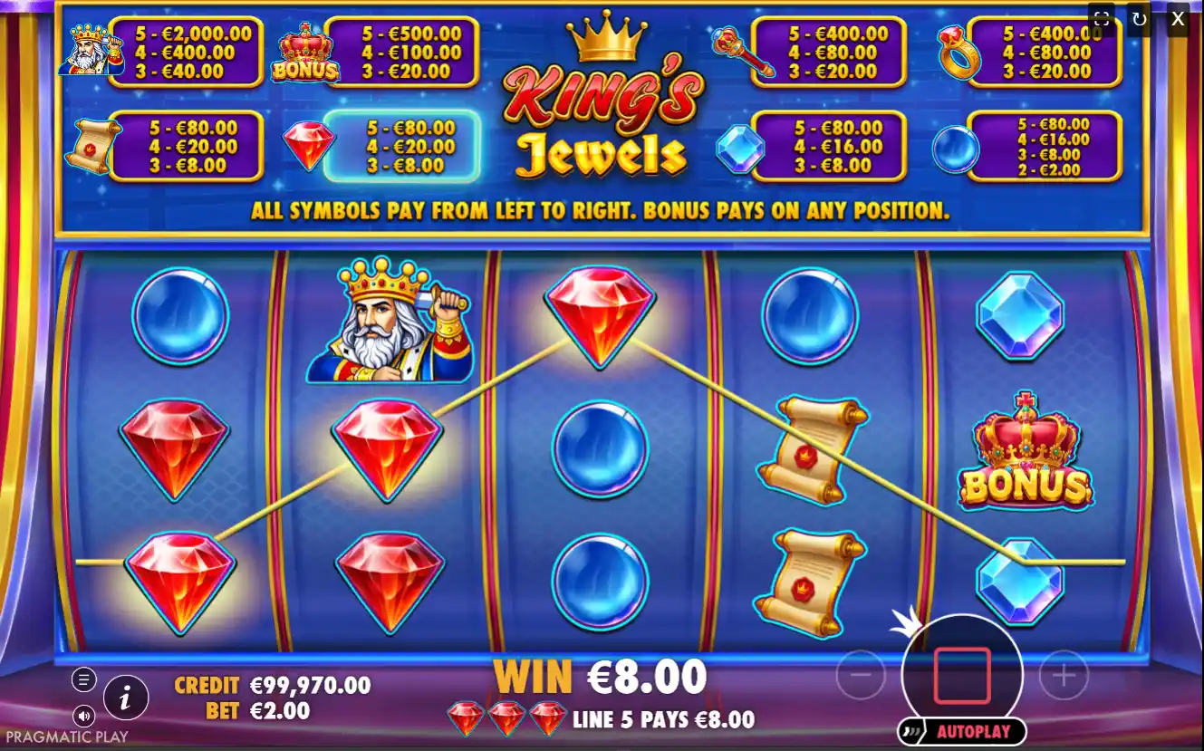 King’s Jewels spilleautomat med fargerike hjul som viser blå kuler og BONUS-kroner