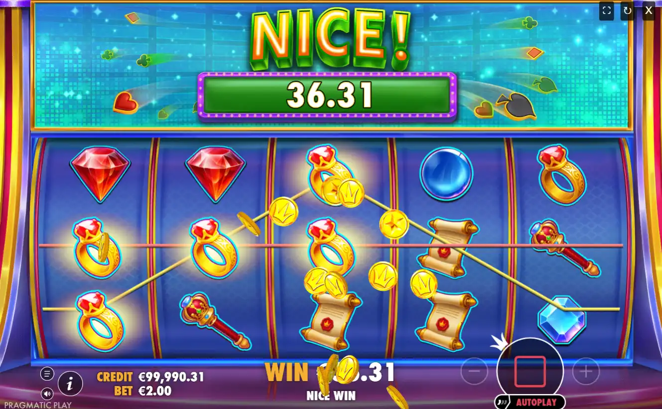 Spilleautomatskjermen som viser «NICE!» og en gevinst på 36,31, mynter og en munter tone.