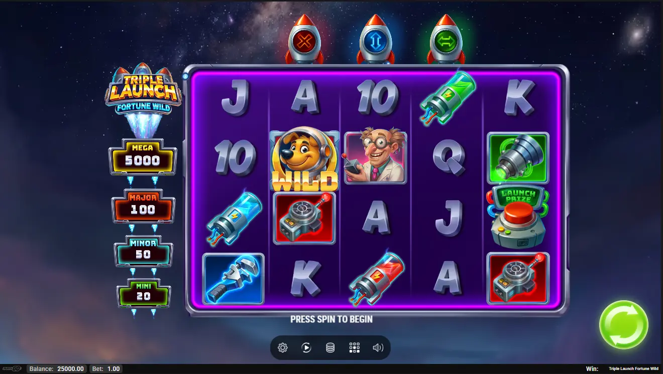Fargerik "Triple Launch Fortune Wild" spilleautomat med fem hjul, symboler, premienivåer og grønn spinnknapp.