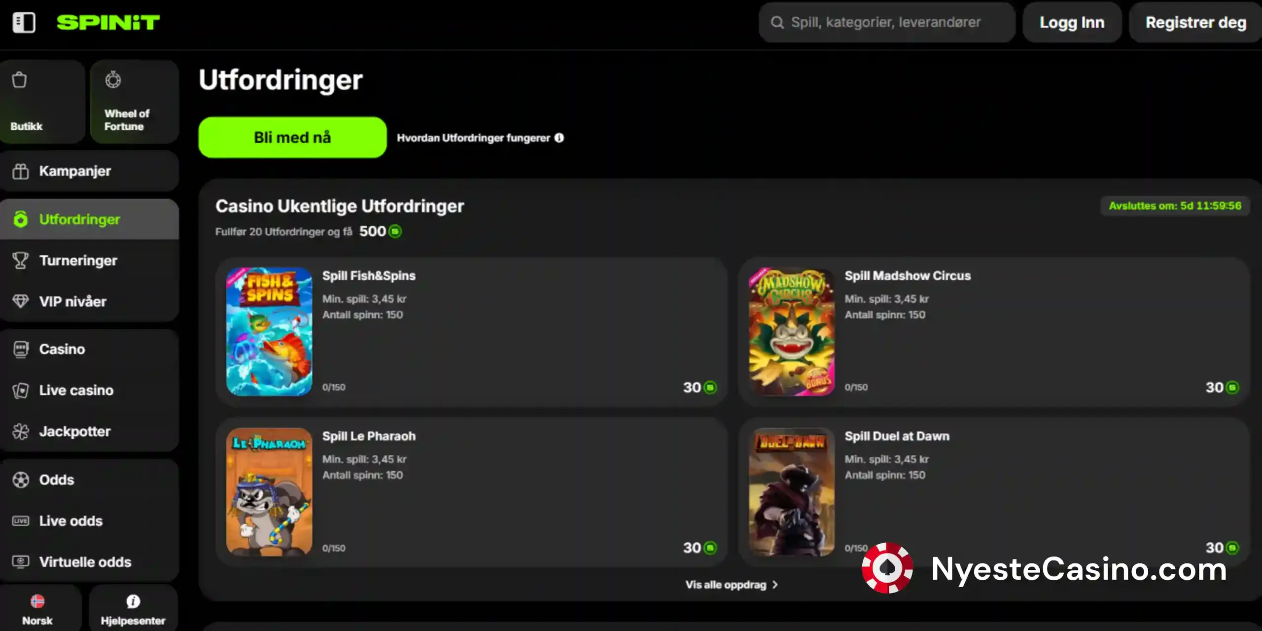 Spinit Casino utfordringer mot en mørk bakgrunn.