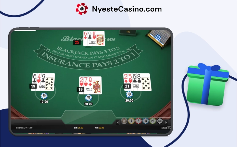 Blackjack på nettbrett med kort, chips og valg for dobbel og splitt.