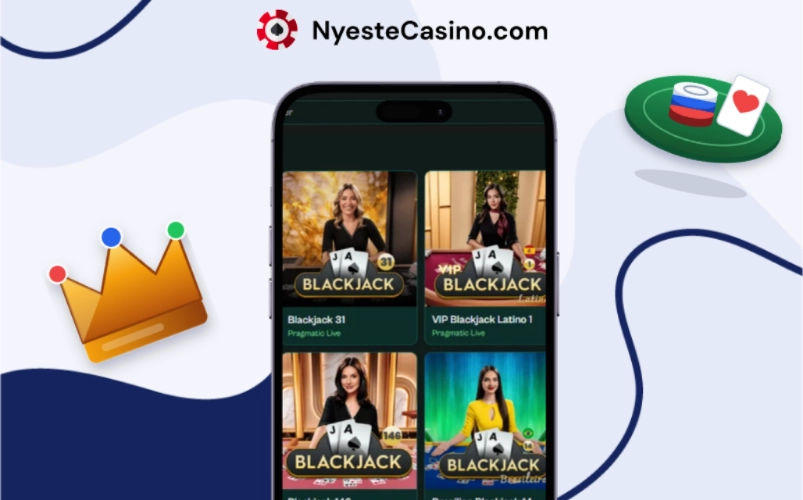 Live blackjack-bord med flere dealere på mobilskjerm.