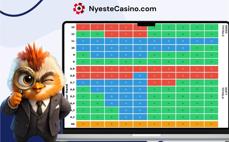 Blackjack strategi-tabell for riktige trekk basert på hånd og dealerkort.