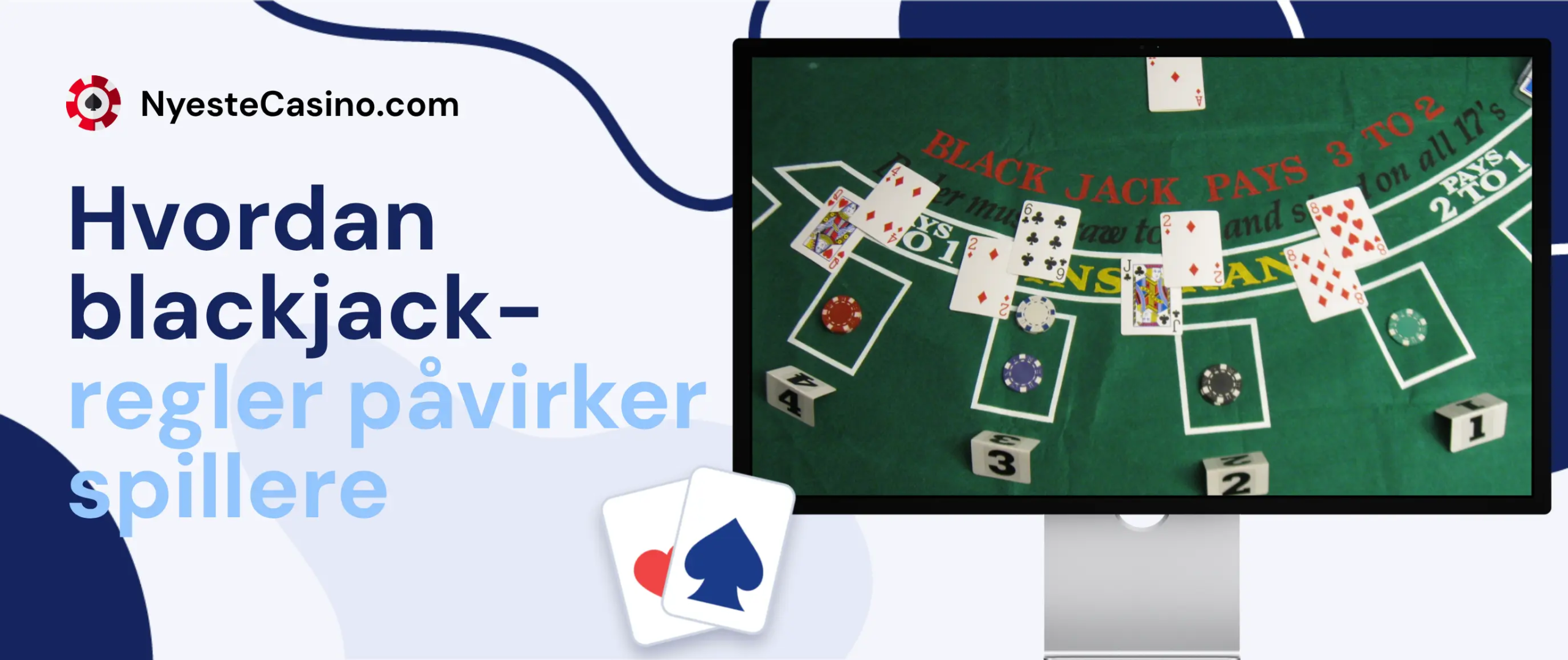 Blackjack-regler og spilloppsett vist på skjerm med kort og innsatsfelt.