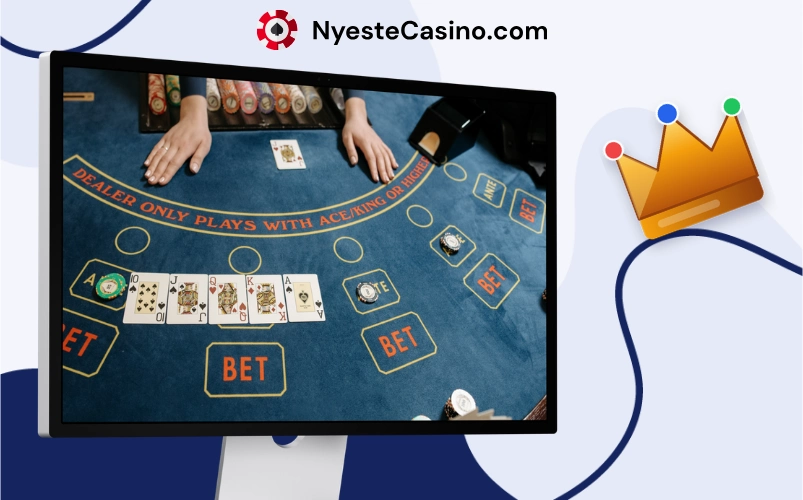 Blackjack-bord med kort og innsatsfelt, fokus på strategi og spilleregler.
