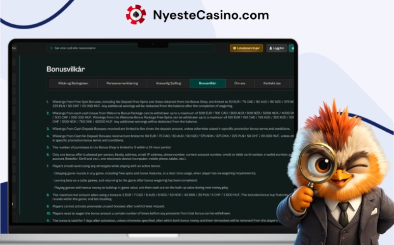 Bonusvilkår og spilleregler vist på mobilskjerm for blackjack.