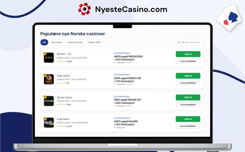 Liste over populære nye norske nettcasinoer på laptopskjerm.