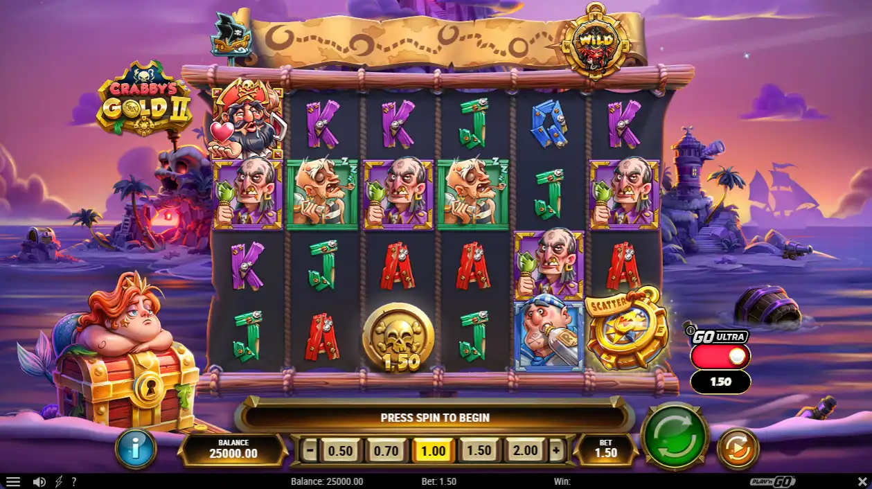 Piratspilleautomaten «Crabby's Gold 2» med fargerike hjul, skattekiste, tropisk øybakgrunn og en leken eventyrlig tone.