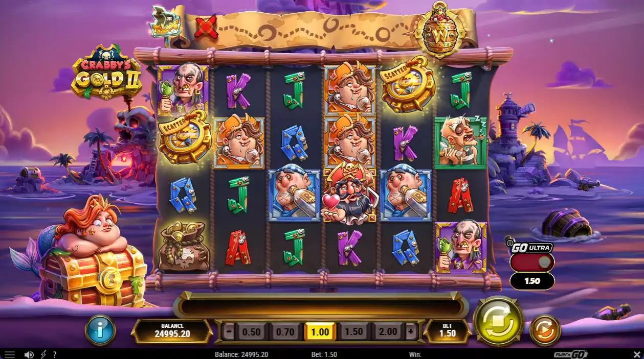 Den fargerike piratspilleautomaten «Grabby Gold 2» viser hjul, skatter, karakterer og en eventyrlig atmosfære.