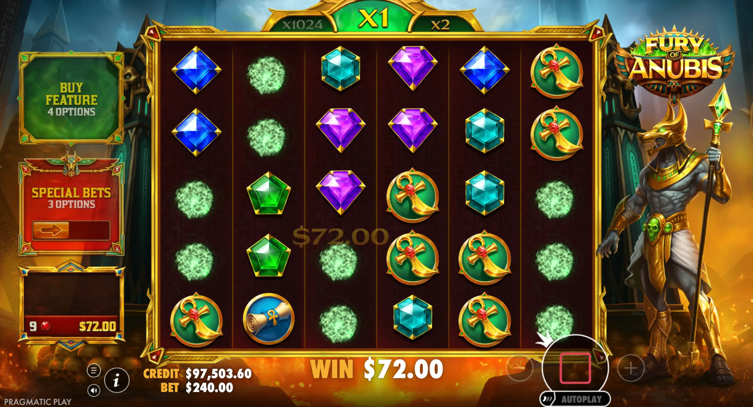 Fury of Anubis spilleautomat med juvelsymboler, Anubis og gevinst på 72 dollar.