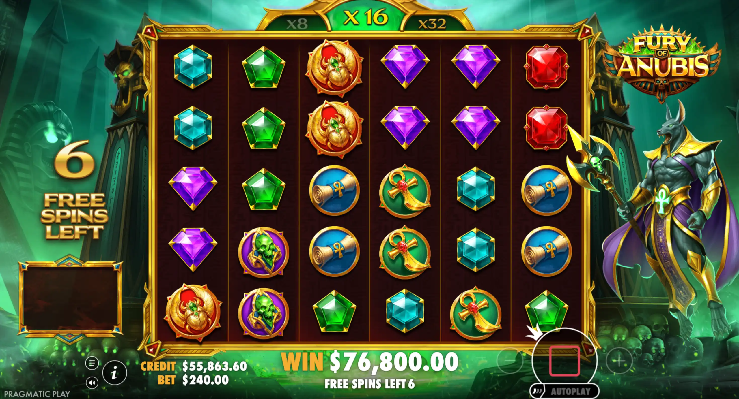 Fury of Anubis spilleautomat med gratisspinn, x16-multiplikator og gevinst på 76 800 dollar.