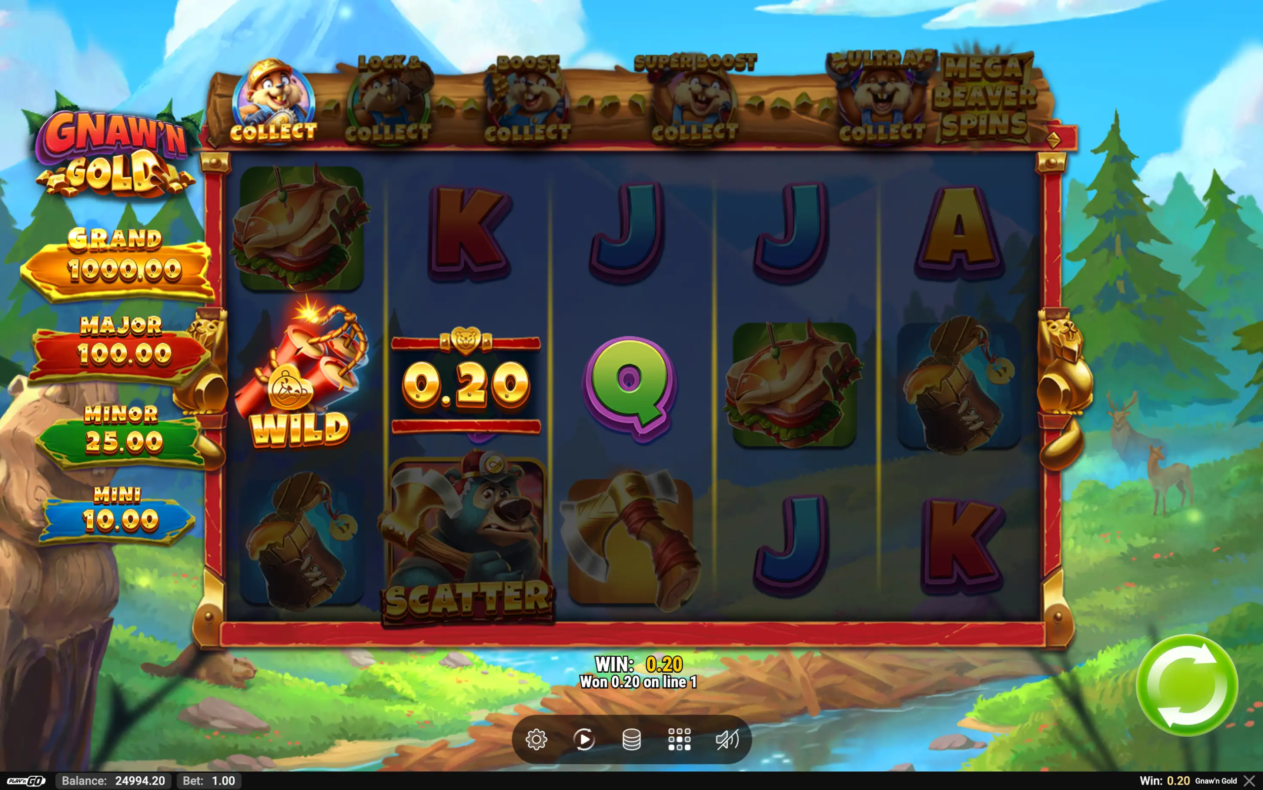Gnaw'n Gold spilleautomat med Wild, Scatter-symbol og gevinst på 0,20.