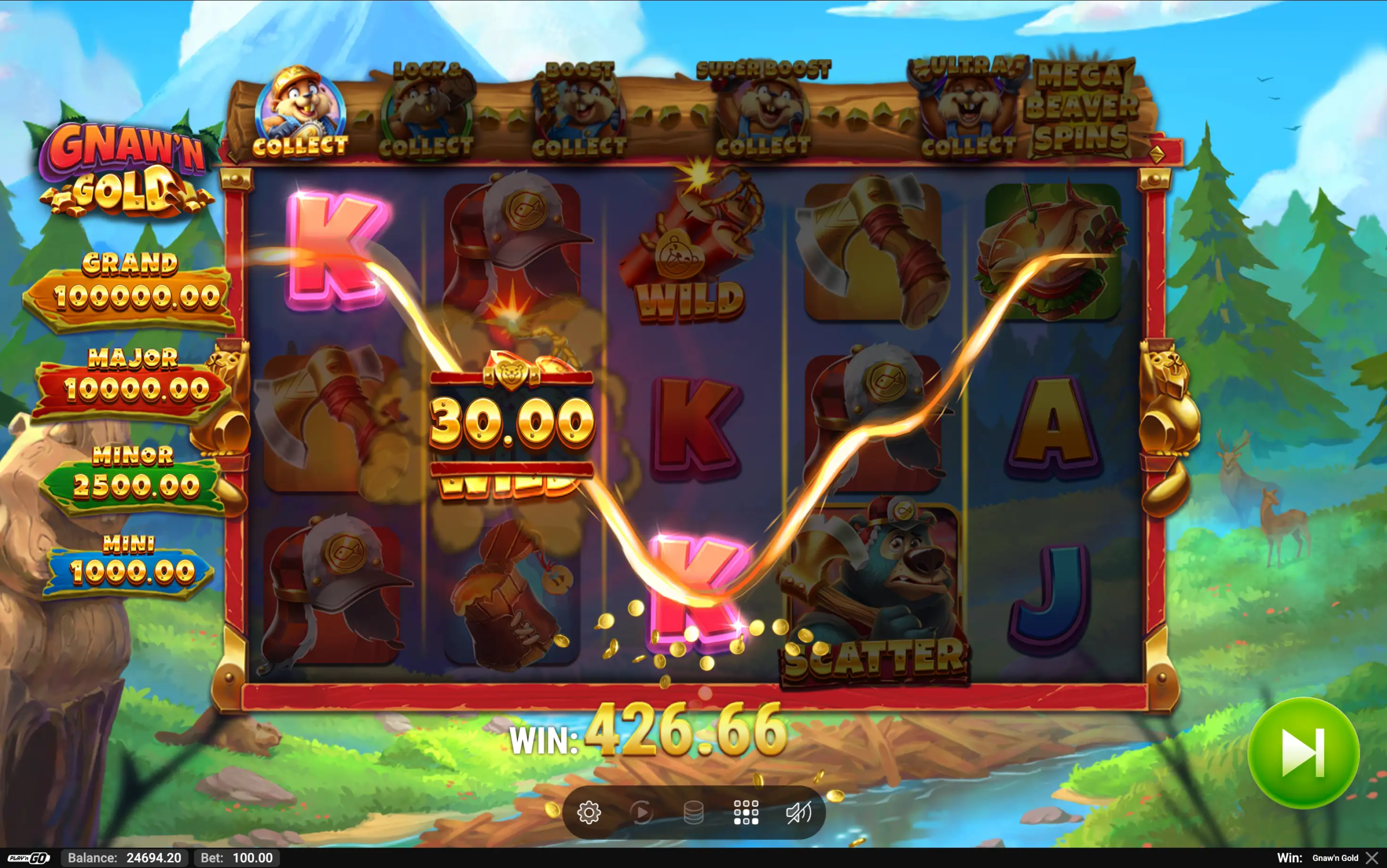 Gnaw'n Gold spilleautomat med Wild-symbol, Scatter og stor gevinst på 426,66.