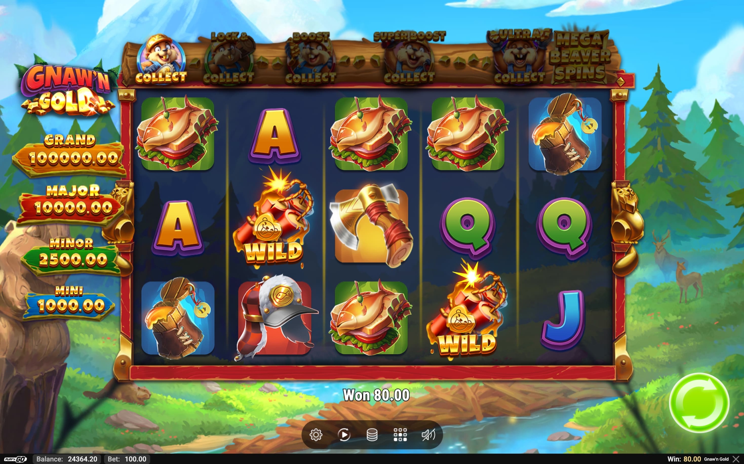 Gnaw'n Gold spilleautomat med Wild-symboler og gevinst på 80,00.