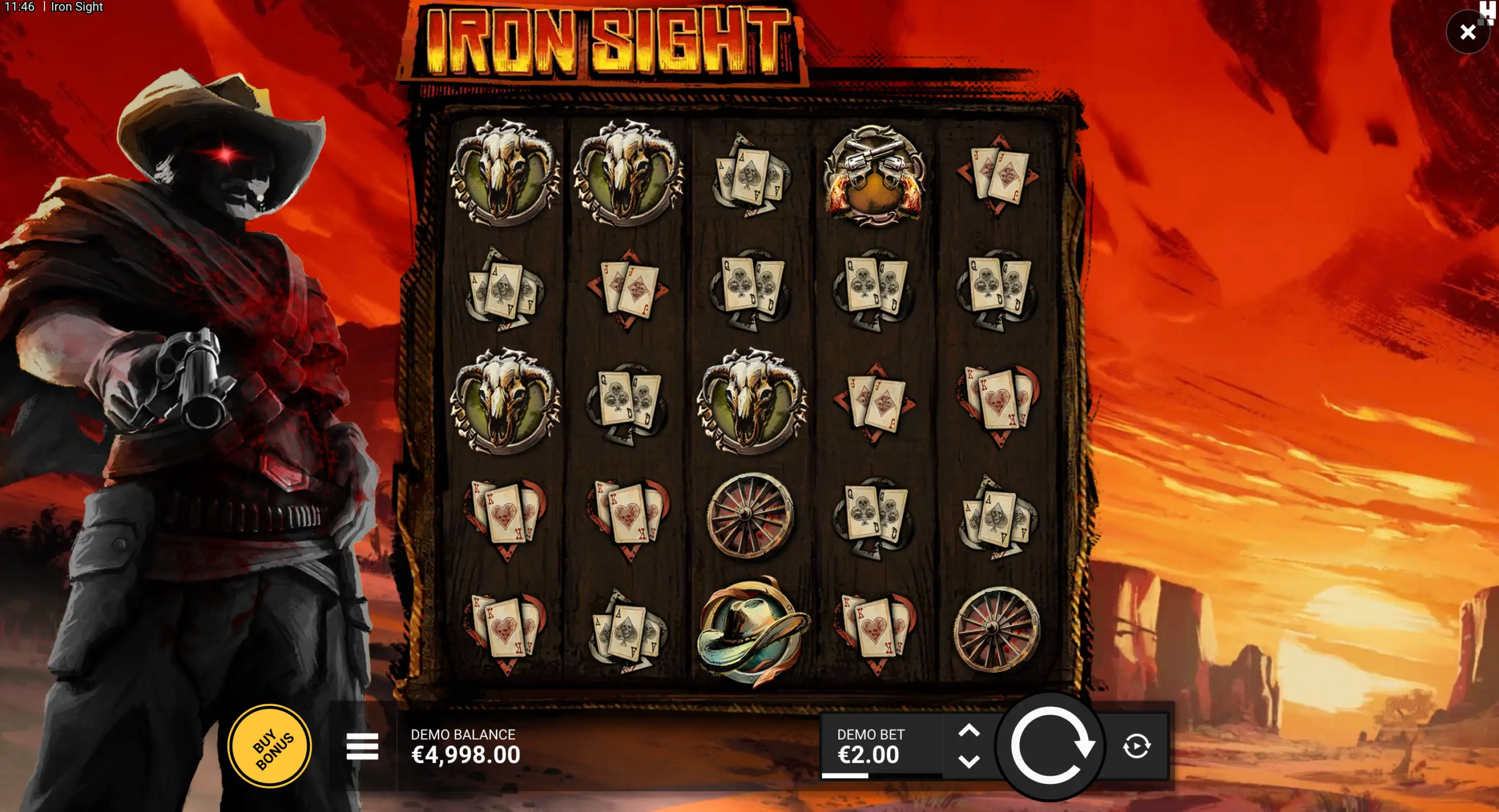 Iron Sight spilleautomat med western-tema, revolvermann og kortsymboler.